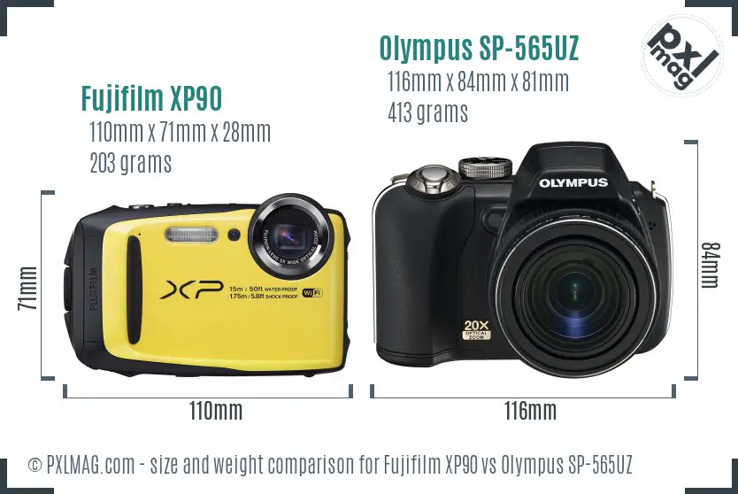Fujifilm XP90 vs Olympus SP-565UZ size comparison Fujifilm XP90 vs Olympus SP-565UZ size comparison