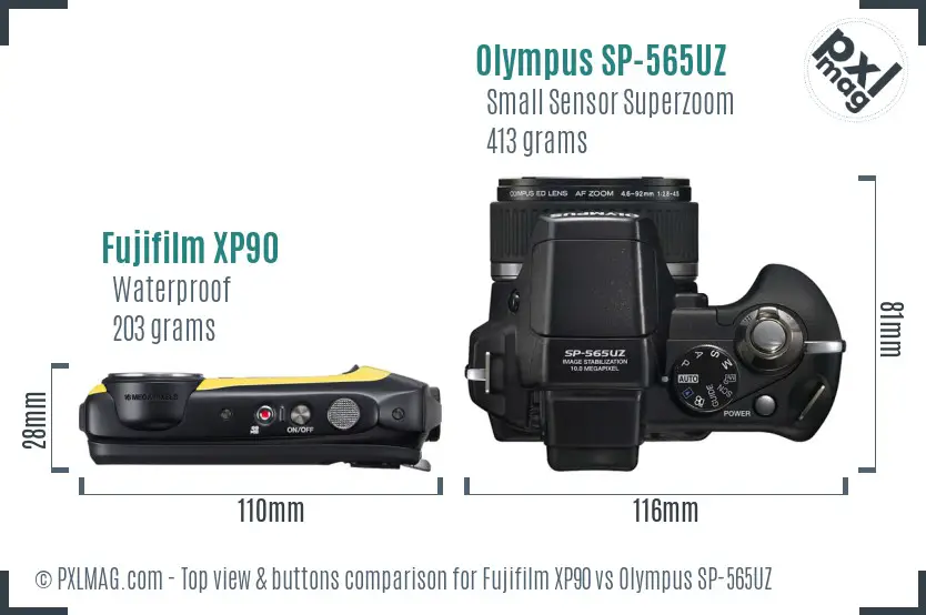 Fujifilm XP90 vs Olympus SP-565UZ top view buttons comparison Fujifilm XP90 vs Olympus SP-565UZ top view buttons comparison