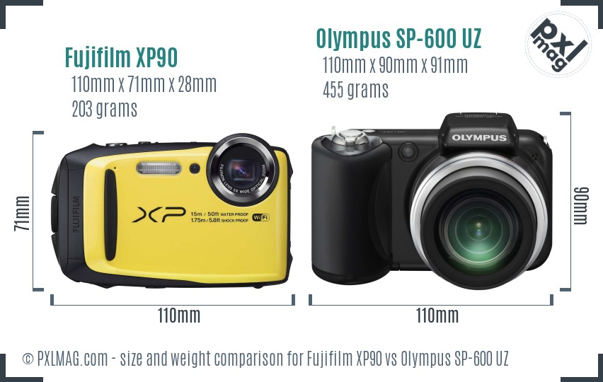 Fujifilm XP90 vs Olympus SP-600 UZ size comparison