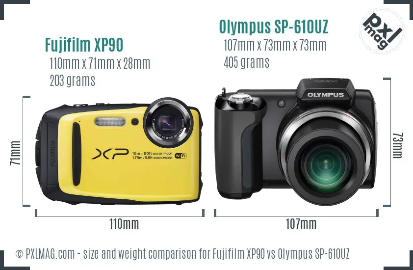 Fujifilm XP90 vs Olympus SP-610UZ size comparison Fujifilm XP90 vs Olympus SP-610UZ size comparison