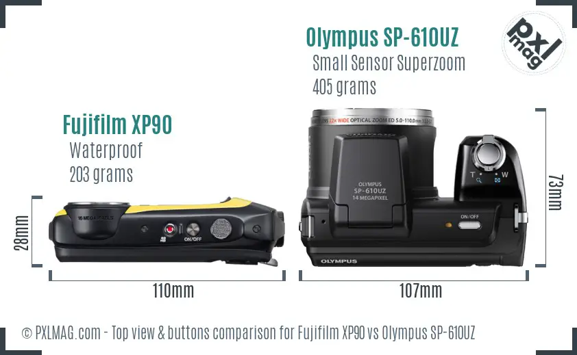 Fujifilm XP90 vs Olympus SP-610UZ top view buttons comparison Fujifilm XP90 vs Olympus SP-610UZ top view buttons comparison