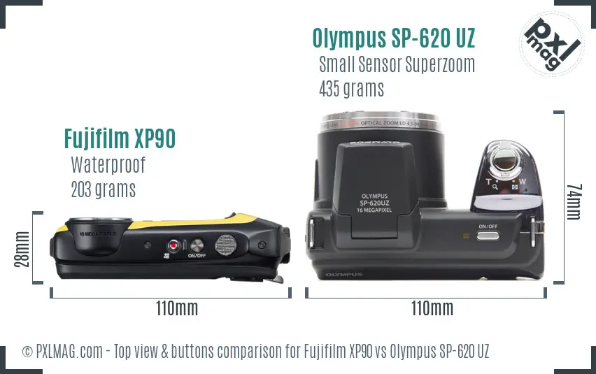 Fujifilm XP90 vs Olympus SP-620 UZ top view buttons comparison