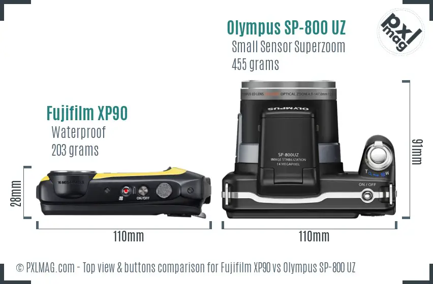 Fujifilm XP90 vs Olympus SP-800 UZ top view buttons comparison