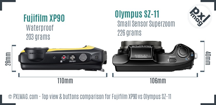 Fujifilm XP90 vs Olympus SZ-11 top view buttons comparison