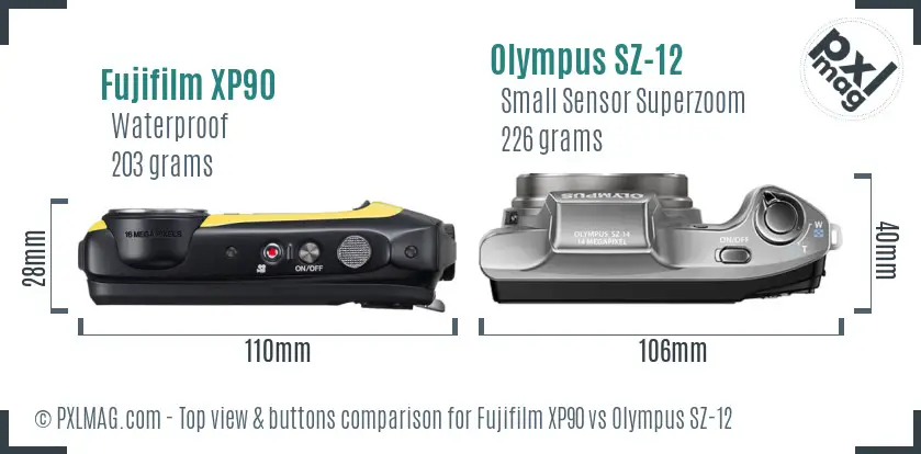 Fujifilm XP90 vs Olympus SZ-12 top view buttons comparison Fujifilm XP90 vs Olympus SZ-12 top view buttons comparison
