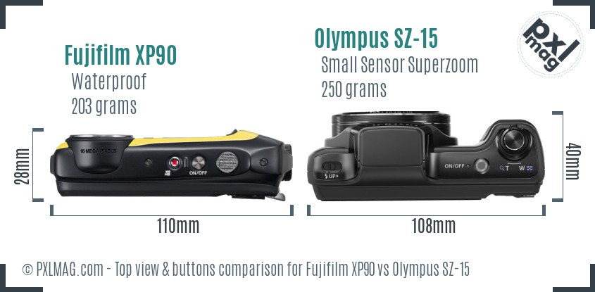 Fujifilm XP90 vs Olympus SZ-15 top view buttons comparison