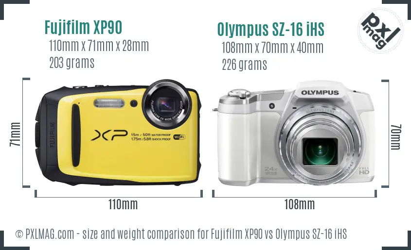 Fujifilm XP90 vs Olympus SZ-16 iHS size comparison Fujifilm XP90 vs Olympus SZ-16 iHS size comparison