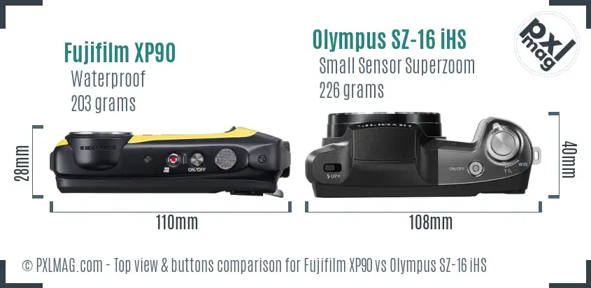Fujifilm XP90 vs Olympus SZ-16 iHS top view buttons comparison Fujifilm XP90 vs Olympus SZ-16 iHS top view buttons comparison