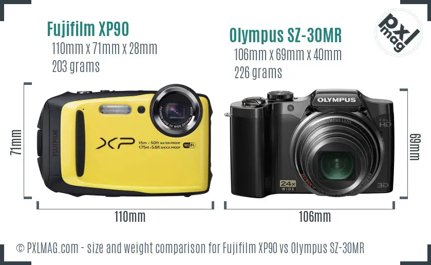 Fujifilm XP90 vs Olympus SZ-30MR size comparison
