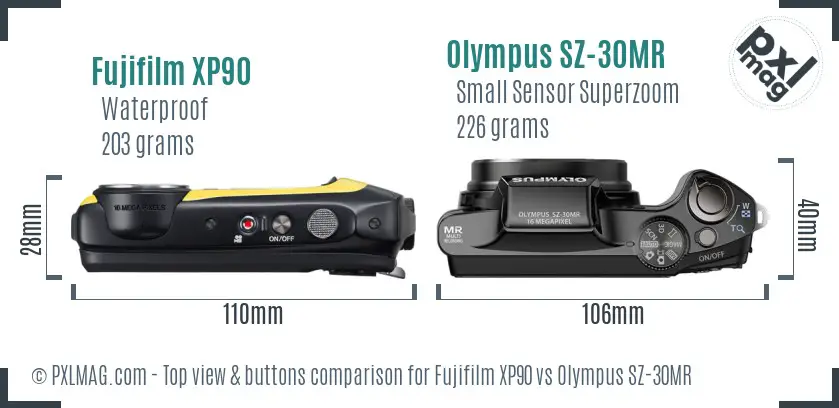 Fujifilm XP90 vs Olympus SZ-30MR top view buttons comparison