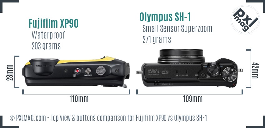 Fujifilm XP90 vs Olympus SH-1 top view buttons comparison
