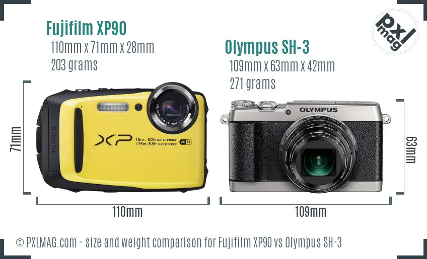 Fujifilm XP90 vs Olympus SH-3 size comparison