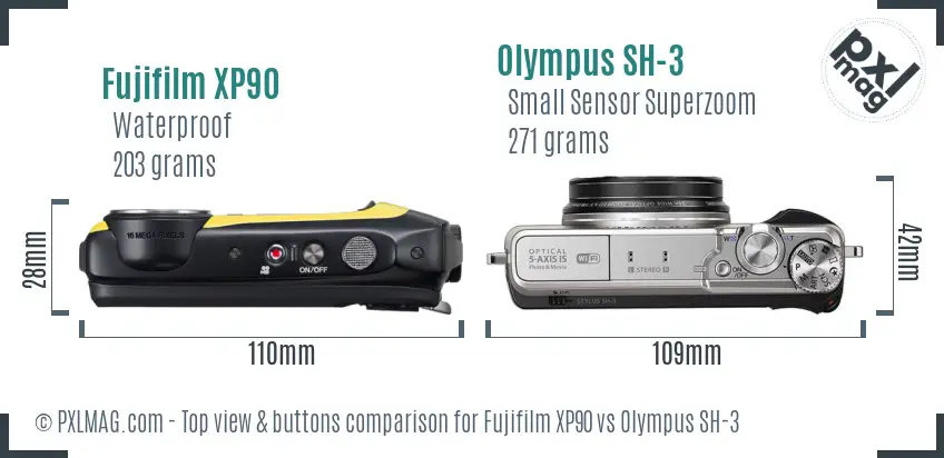 Fujifilm XP90 vs Olympus SH-3 top view buttons comparison