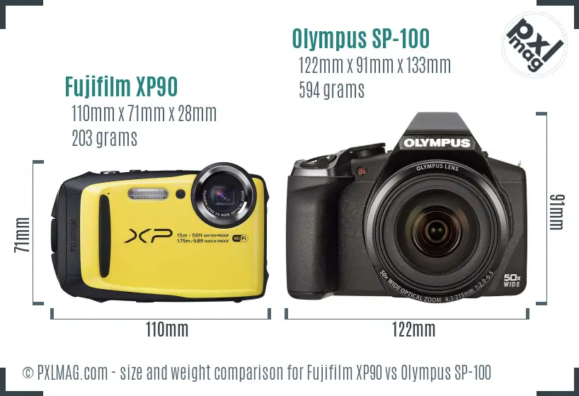 Fujifilm XP90 vs Olympus SP-100 size comparison