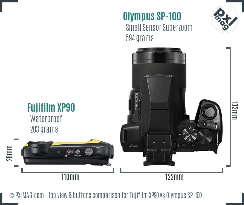 Fujifilm XP90 vs Olympus SP-100 top view buttons comparison