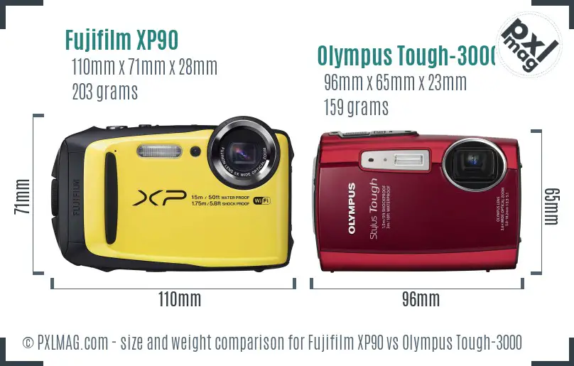 Fujifilm XP90 vs Olympus Tough-3000 size comparison Fujifilm XP90 vs Olympus Tough-3000 size comparison