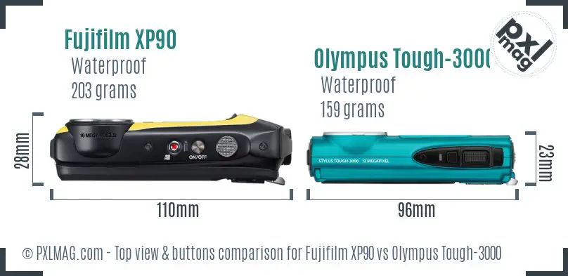 Fujifilm XP90 vs Olympus Tough-3000 top view buttons comparison