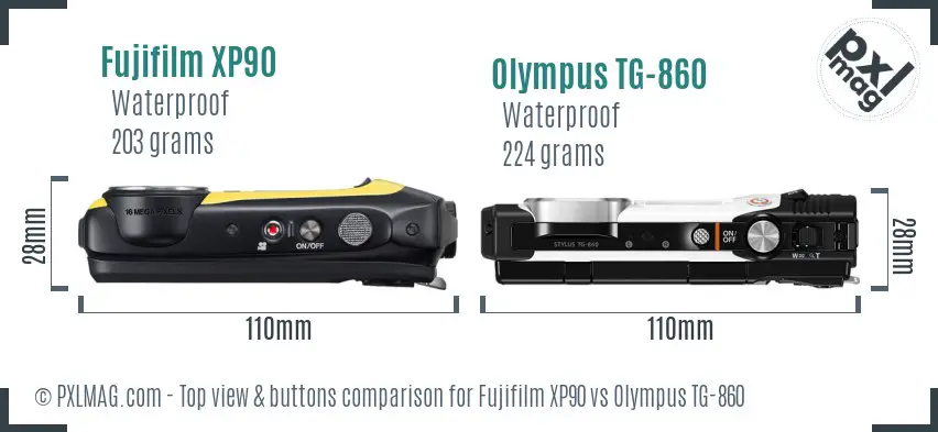 Fujifilm XP90 vs Olympus TG-860 top view buttons comparison Fujifilm XP90 vs Olympus TG-860 top view buttons comparison