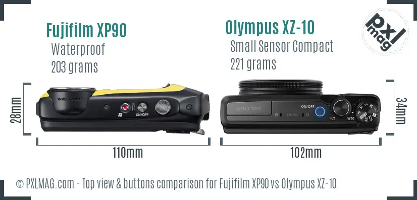 Fujifilm XP90 vs Olympus XZ-10 top view buttons comparison