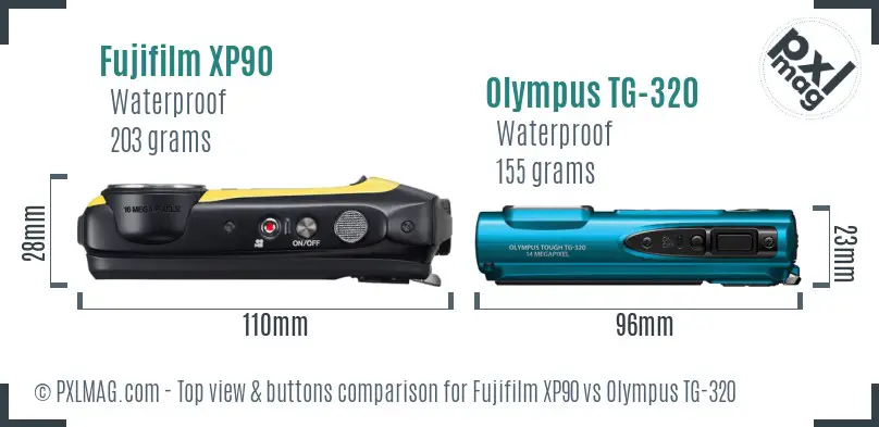 Fujifilm XP90 vs Olympus TG-320 top view buttons comparison Fujifilm XP90 vs Olympus TG-320 top view buttons comparison