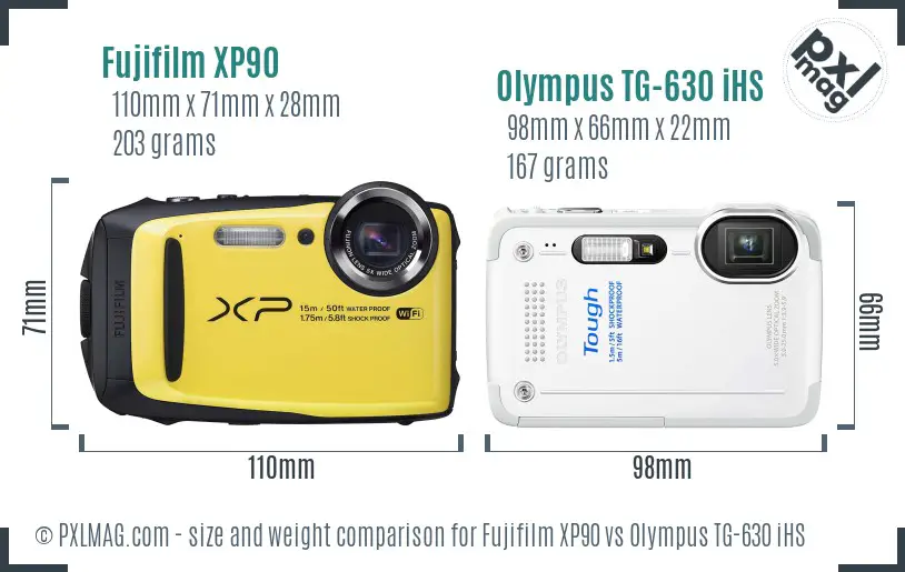 Fujifilm XP90 vs Olympus TG-630 iHS size comparison