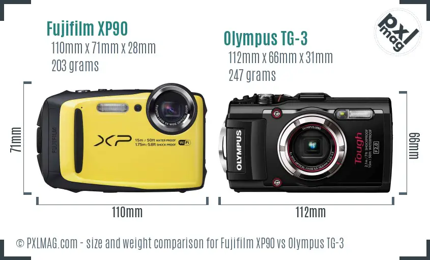 Fujifilm XP90 vs Olympus TG-3 size comparison