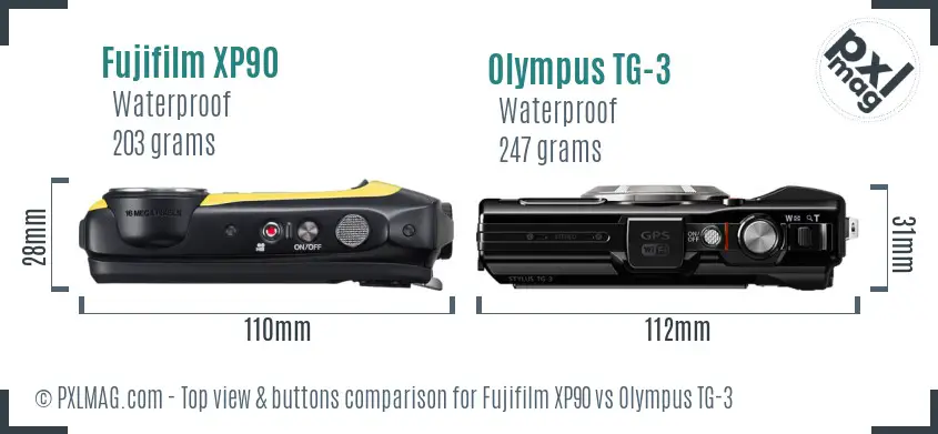 Fujifilm XP90 vs Olympus TG-3 top view buttons comparison