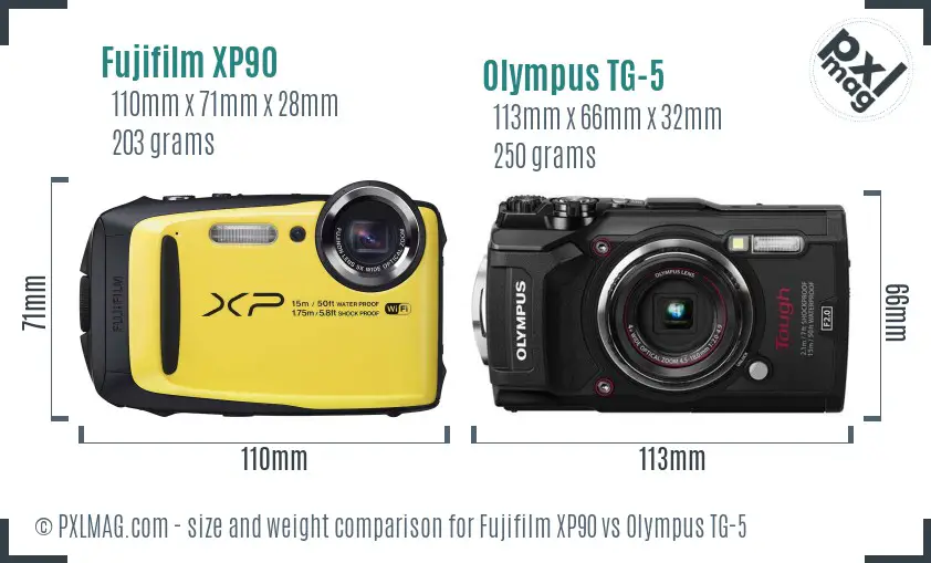 Fujifilm XP90 vs Olympus TG-5 size comparison