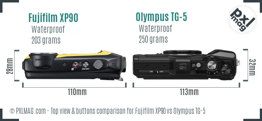 Fujifilm XP90 vs Olympus TG-5 top view buttons comparison