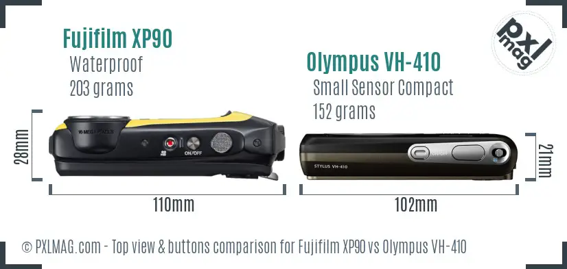 Fujifilm XP90 vs Olympus VH-410 top view buttons comparison Fujifilm XP90 vs Olympus VH-410 top view buttons comparison