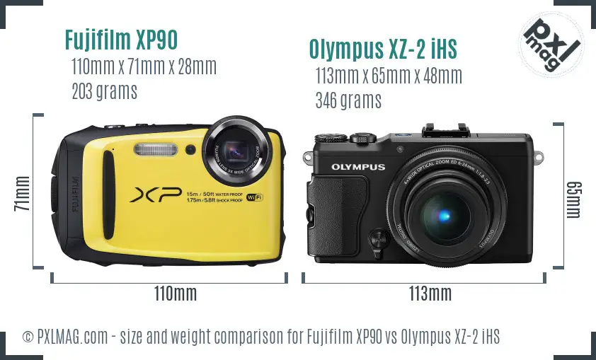 Fujifilm XP90 vs Olympus XZ-2 iHS size comparison Fujifilm XP90 vs Olympus XZ-2 iHS size comparison