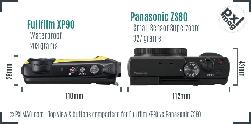 Fujifilm XP90 vs Panasonic ZS80 top view buttons comparison Fujifilm XP90 vs Panasonic ZS80 top view buttons comparison