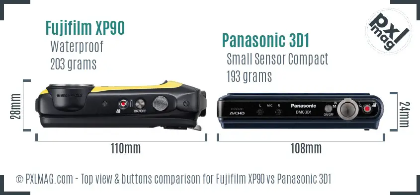 Fujifilm XP90 vs Panasonic 3D1 top view buttons comparison Fujifilm XP90 vs Panasonic 3D1 top view buttons comparison