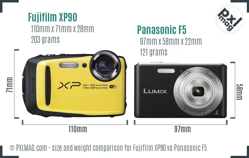 Fujifilm XP90 vs Panasonic F5 size comparison