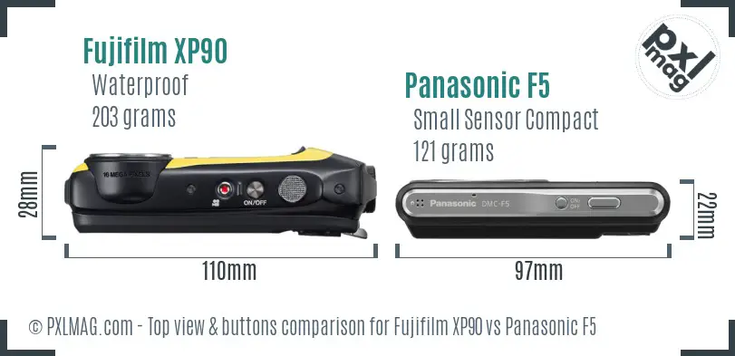 Fujifilm XP90 vs Panasonic F5 top view buttons comparison