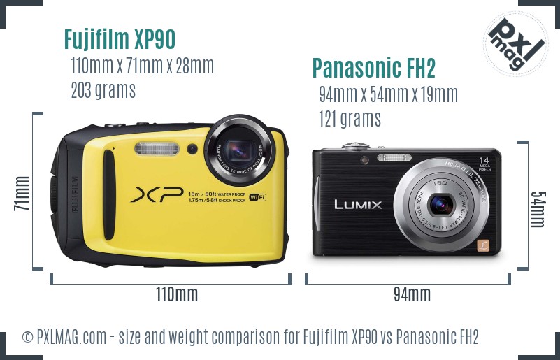 Fujifilm XP90 vs Panasonic FH2 size comparison