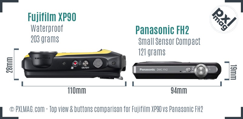 Fujifilm XP90 vs Panasonic FH2 top view buttons comparison