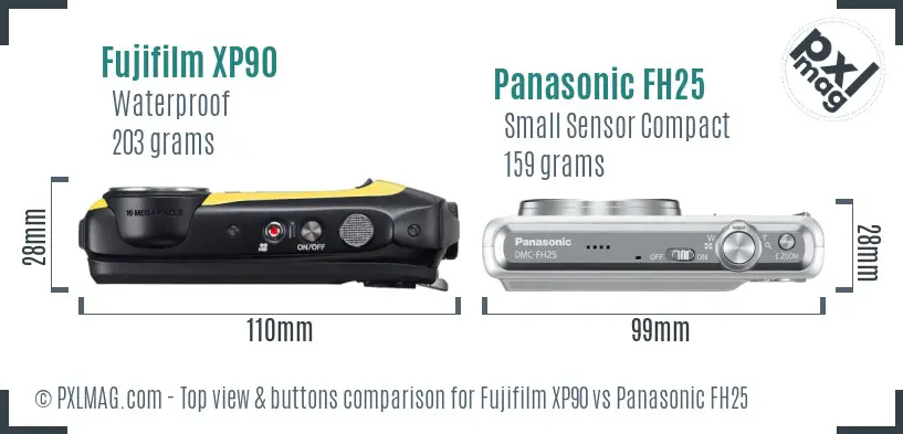 Fujifilm XP90 vs Panasonic FH25 top view buttons comparison Fujifilm XP90 vs Panasonic FH25 top view buttons comparison