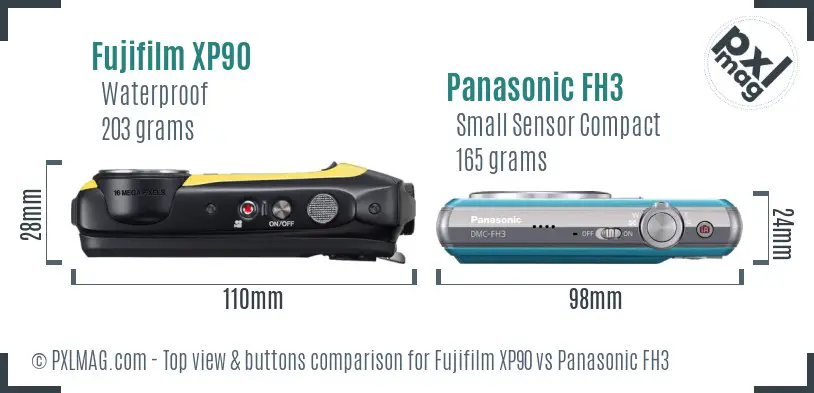 Fujifilm XP90 vs Panasonic FH3 top view buttons comparison Fujifilm XP90 vs Panasonic FH3 top view buttons comparison