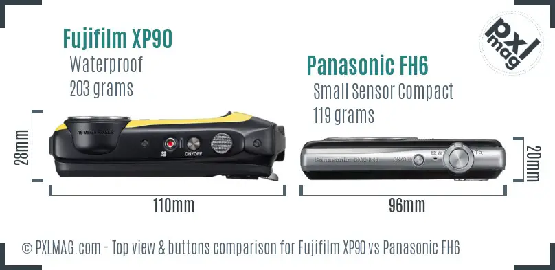 Fujifilm XP90 vs Panasonic FH6 top view buttons comparison Fujifilm XP90 vs Panasonic FH6 top view buttons comparison
