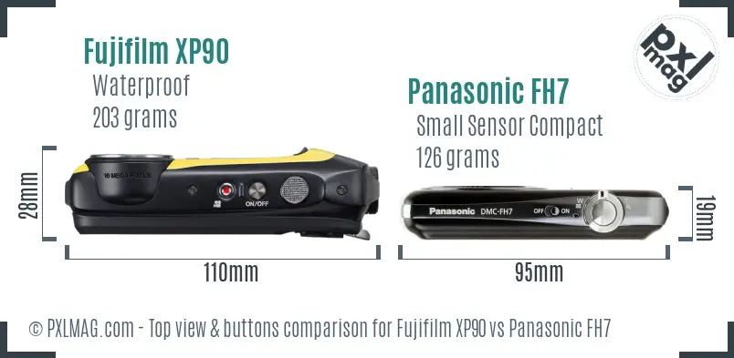 Fujifilm XP90 vs Panasonic FH7 top view buttons comparison