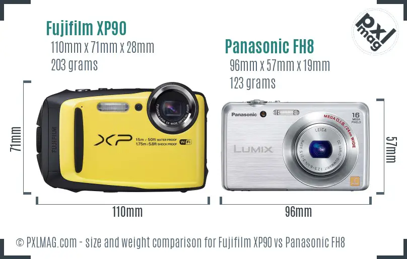 Fujifilm XP90 vs Panasonic FH8 size comparison