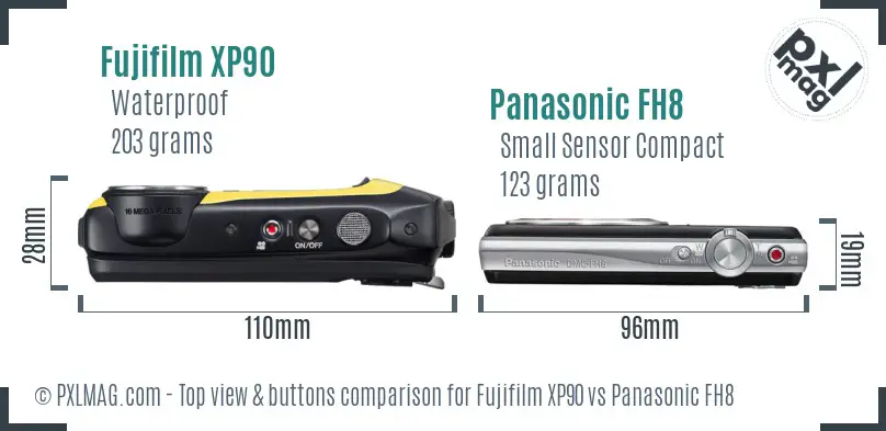 Fujifilm XP90 vs Panasonic FH8 top view buttons comparison