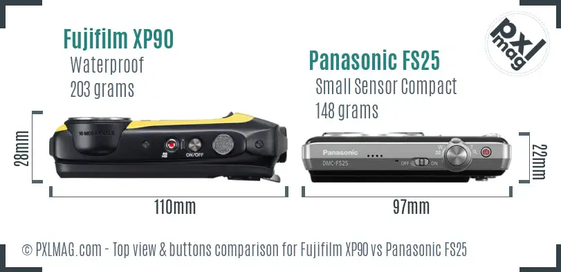 Fujifilm XP90 vs Panasonic FS25 top view buttons comparison Fujifilm XP90 vs Panasonic FS25 top view buttons comparison