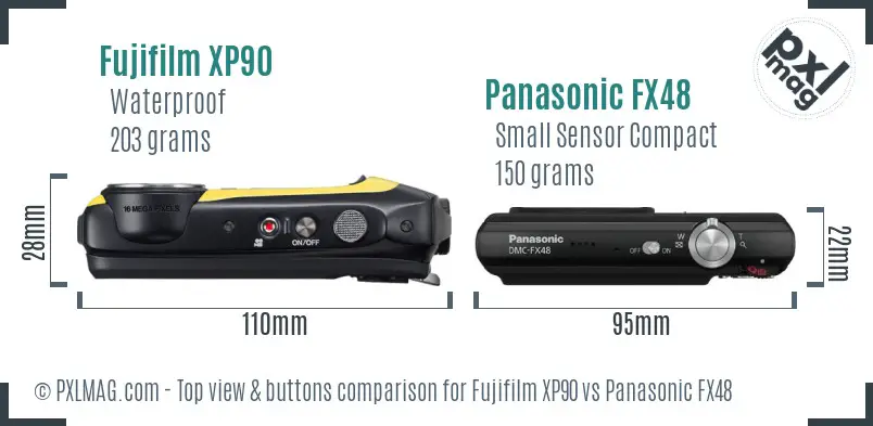 Fujifilm XP90 vs Panasonic FX48 top view buttons comparison