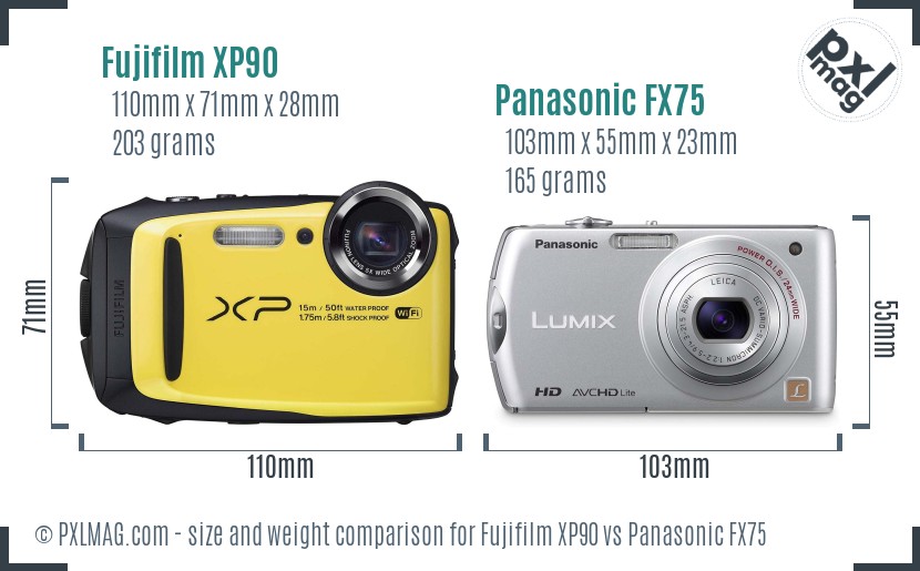 Fujifilm XP90 vs Panasonic FX75 size comparison