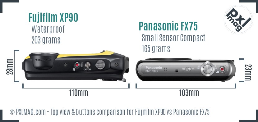 Fujifilm XP90 vs Panasonic FX75 top view buttons comparison