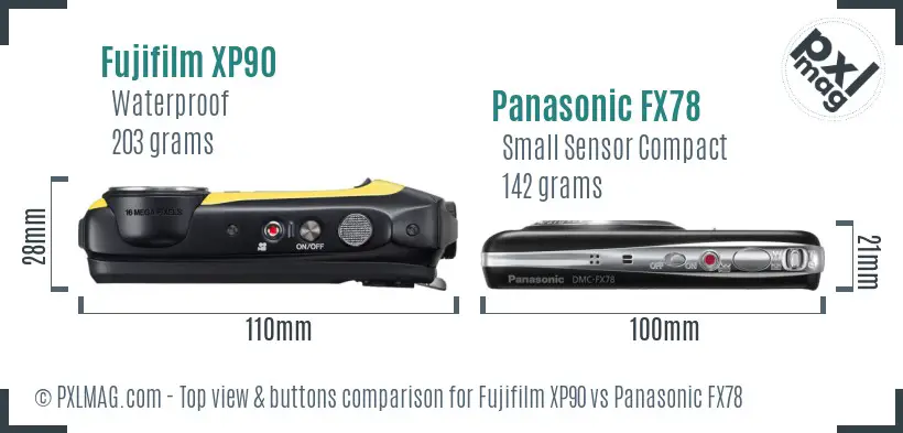 Fujifilm XP90 vs Panasonic FX78 top view buttons comparison