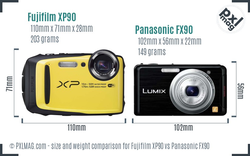 Fujifilm XP90 vs Panasonic FX90 size comparison