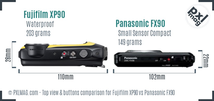 Fujifilm XP90 vs Panasonic FX90 top view buttons comparison